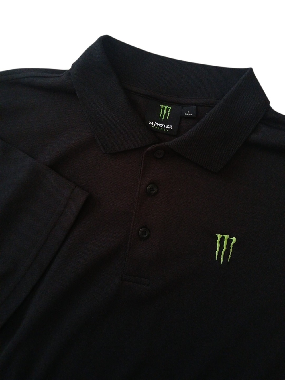 Monster Energy Logo Polo Shirt Men Large Black Short Sleeve Performance Stretch